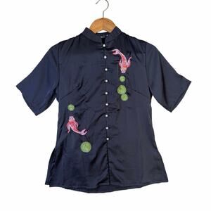 Vintage P.T.K.L. Design Embroidered Koi Fish Satin Blouse Black Pearl Button Med